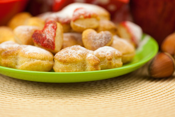 Dish, cookies, nuts, apple, bows, boxes, gifts, Christmas balls