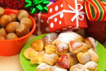 Dish, cookies, nuts, apple, bows, boxes, gifts, Christmas balls