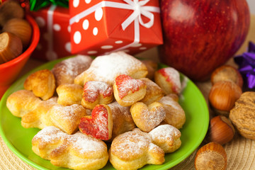 Dish, cookies, nuts, apple, bows, boxes, gifts, Christmas balls