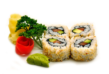 Sushi  with smoked Eel, salmon and vegetables,rice sesame seeds