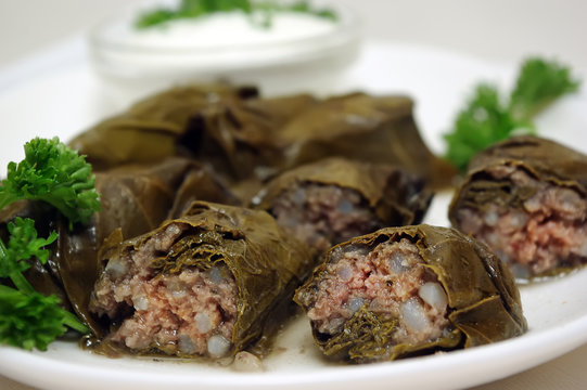 Armenian or greek dolma wrapped with grape leaves, meat and rice