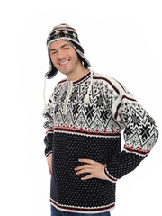 Funny winter man in warm hat and clothes smiling. isolated on wh