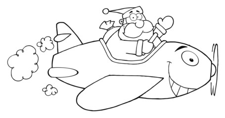 Outlined Santa Flying With Christmas Plane
