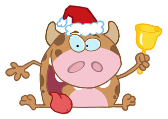 Happy Calf Cartoon Character Ringing A Bell