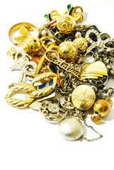 golden silver accessories and jewelry closeup isolated