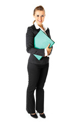 Smiling business woman holding folders with documents in hands.