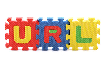 Alphabet puzzle pieces on white background