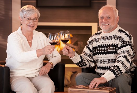 Portrait of senior couple clinking wine glasses