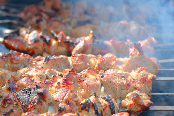 Obraz na płótnie Canvas The shish kebab on skewers is fried on a brazier