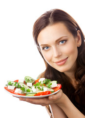 Portrait of happy smiling woman with plate of salad, isolated