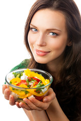 Woman with vegetarian vegetable salad, isolated