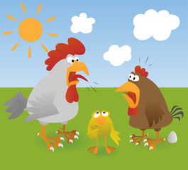 Rooster, hen, chicken and egg