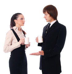 business couple are discussing over a mug of coffee