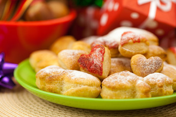 Dish, cookies, nuts, apple, bows, boxes, gifts, Christmas balls