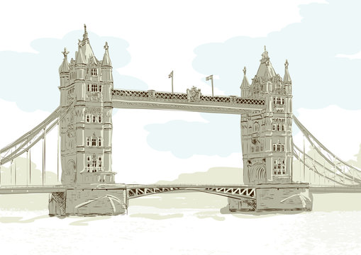 Hand drawn vector illustration of Tower Bridge, London.