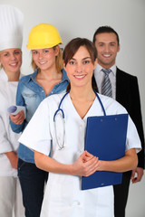 Group of workers on white background