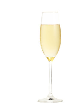sektglas mit kaltem champagner gef&uuml;llt auf weissem hintergrund