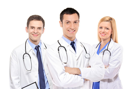Happy medical team of doctors, men and woman