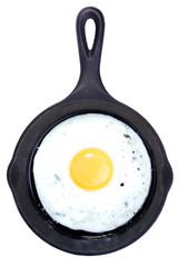 Fried Egg in a frying pan isolated on white, top view