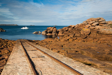 The railway on the granite coast in Brittany in France
