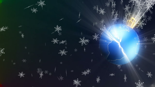 christmas ball globe rotation and falling snowflakes loop