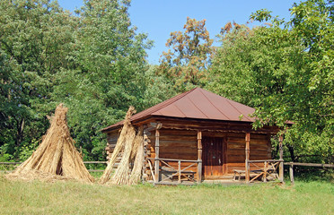 Fototapeta na wymiar Ancient traditional ukrainian rural barn with a straw roof