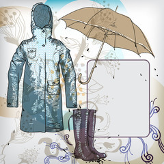 vector background with an autumn jacket and gumboots