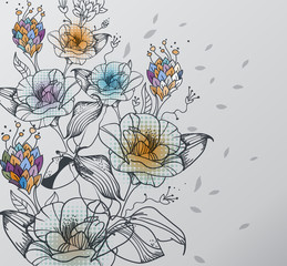 vector background with   fantasy hand drawn flowers and leaves
