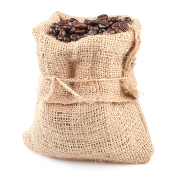 Roasted coffee beans in a canvas sack