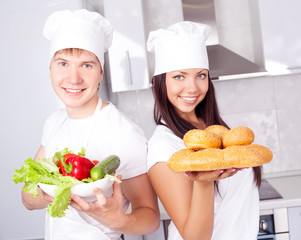 cooks with bread and vegetables
