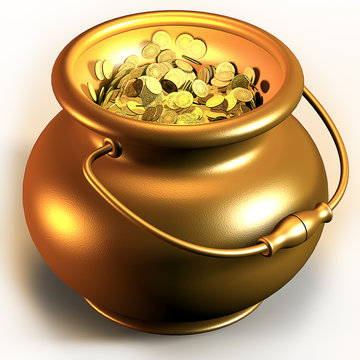 Golden Pot Full Of Gold Coins 3d Render