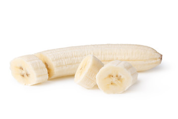 Freshly sliced bananas on a white background