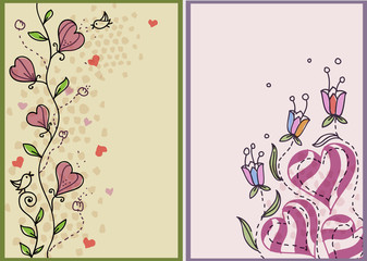two vector card with blooming flowers and hearts