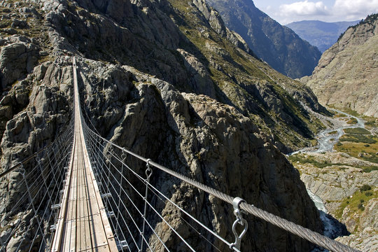 Fototapeta Europe's highest situated rope bridge,Alps, Switzerland
