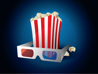 3d movie with popcorn on blue background