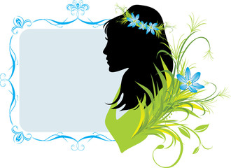 Portrait of woman with flowers in hair. Decorative frame. Vector
