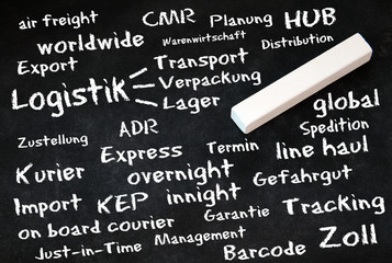 logistic themes on black chalk board