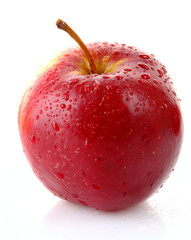 Red apple isolated on white with water drops