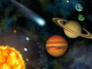 Foto op Plexiglas 3D Solar System Wallpaper bevat de zon en negen planeten. © tmass