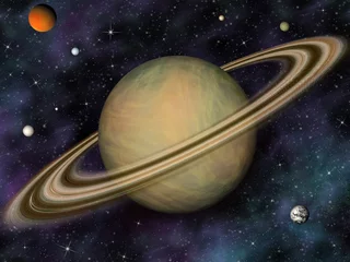 Poster Zonnestelsel. Saturnus en zijn manen. © tmass