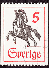 Postage Stamp Horseback Mail Delivery, Rider Blowing Postal Horn