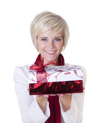 Beautiful Woman Holding Christmas Present