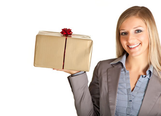 Blond caucasian woman in formal dress with gift boxes isolated