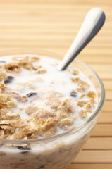 Muesli with milk close-up