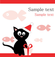 Black cat in santa's hat with gift on fish background .