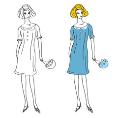 Fashion girl in retro dress sketch