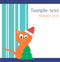 Red cat in  santa's hat with fur-tree
