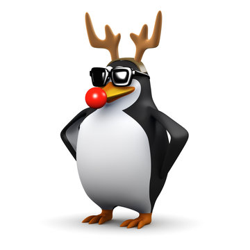 3d Penguin dressed as a reindeer