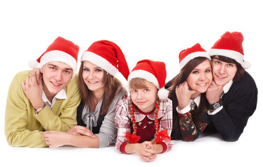 Happy family with child in santa hat. Isolated.