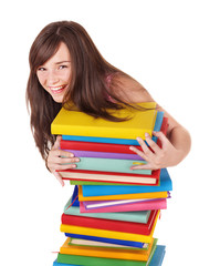 Girl with pile colored book.  Isolated.